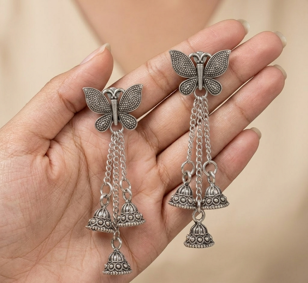 Silver Oxidised Butterfly Jhumka Earrings for Women | Silver Oxidised Earrings