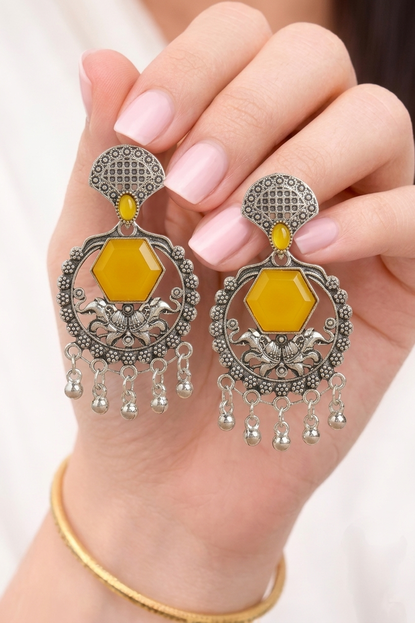 Yellow Stone Earrings Design for Women | Oxidised Statement Stone Earrings Design