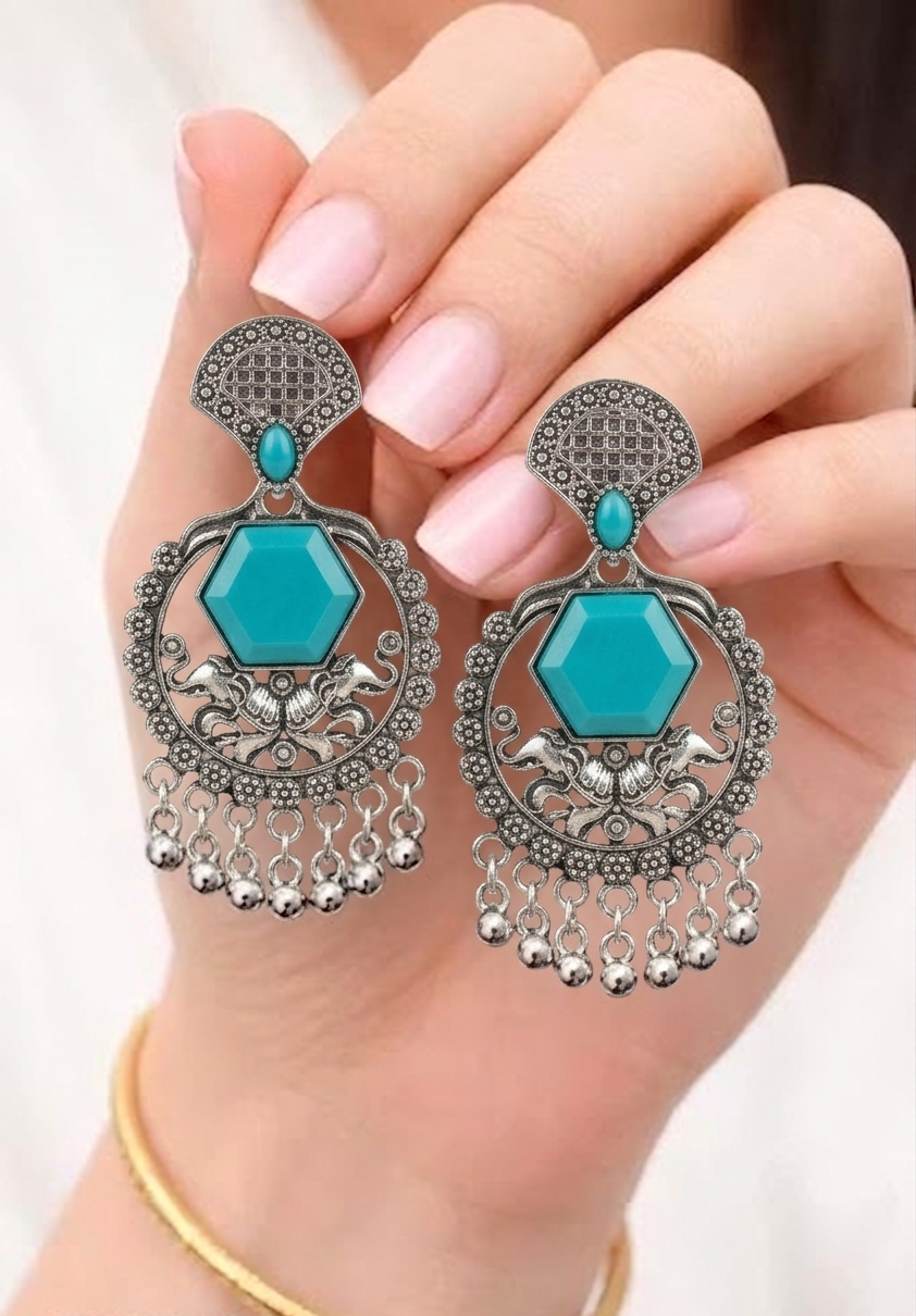 Turquoise Stone Earrings Design for Women | Oxidised Statement Stone Earrings Design