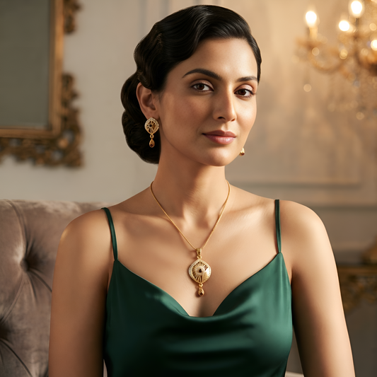 Elegant Ruby Stone Gold Chain Pendant Set with Matching Earrings for Women