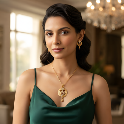 Elegant Circular Design Gold Chain Pendant Set with Matching Earrings for Women