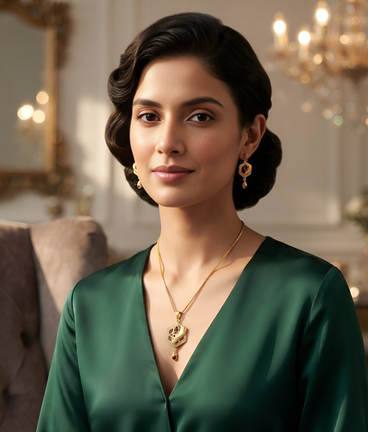 Elegant Hexagonal Design Gold Chain Pendant Set with Matching Earrings for Women