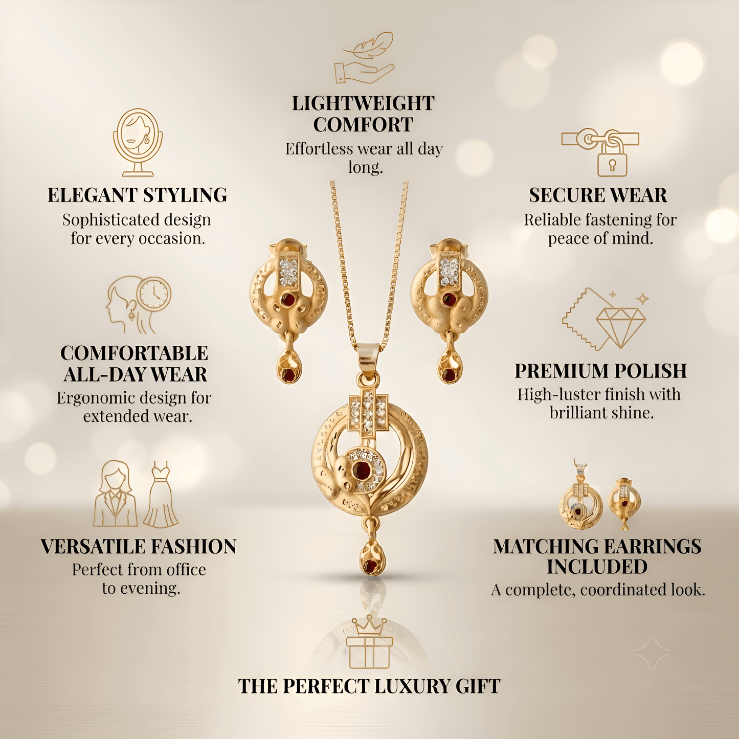 Elegant Circular Design Gold Chain Pendant Set with Matching Earrings for Women