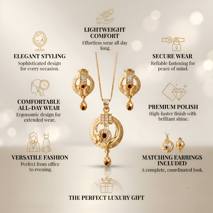 Elegant Circular Design Gold Chain Pendant Set with Matching Earrings for Women
