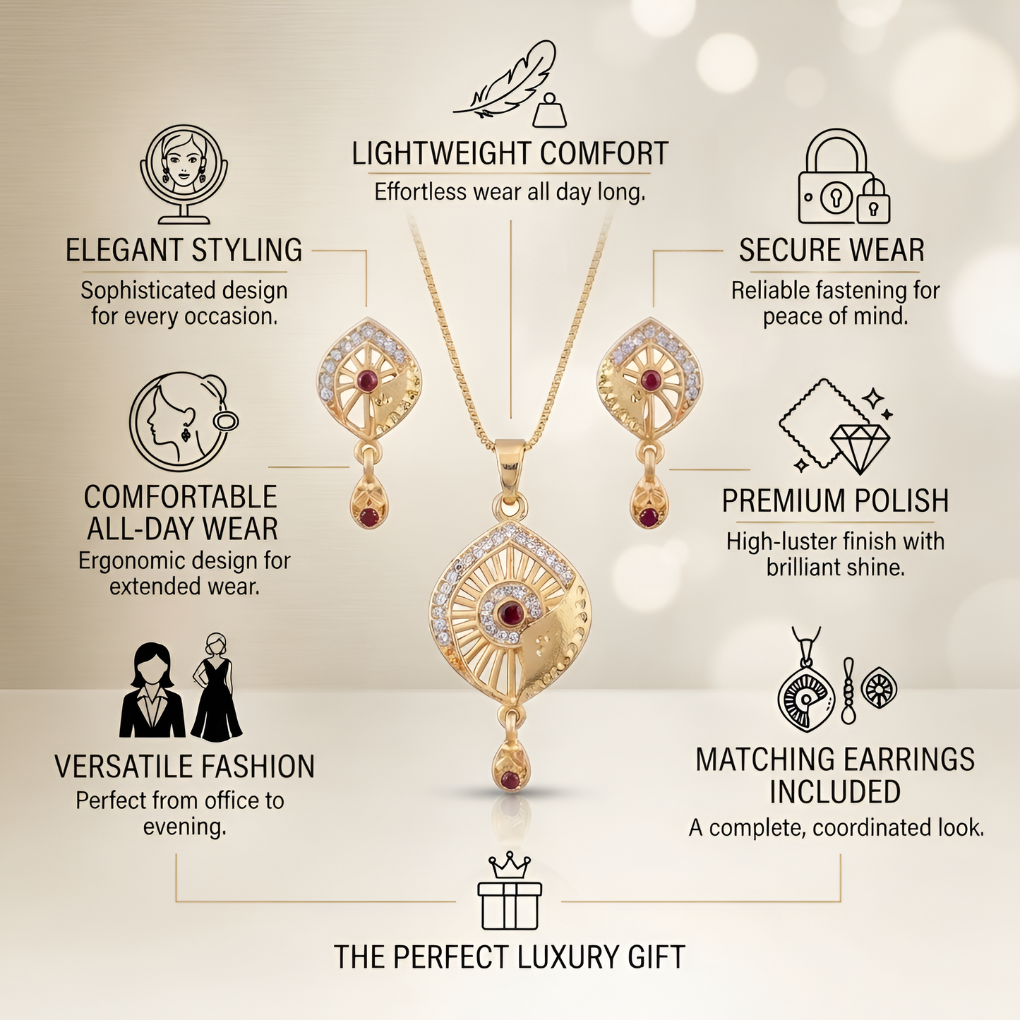 Elegant Ruby Stone Gold Chain Pendant Set with Matching Earrings for Women