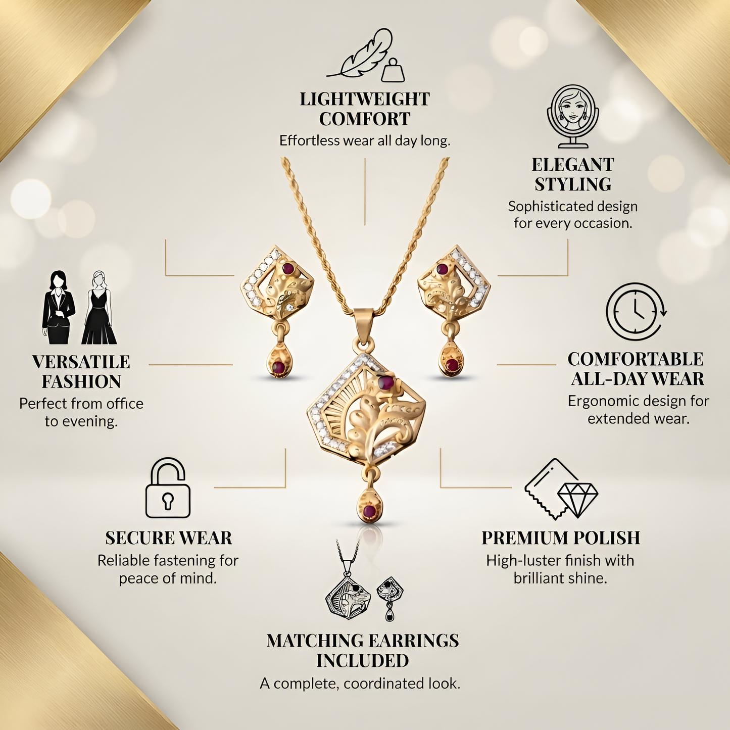 Gold Chain Pendant Set for Women | Elegant Gold Pendant with Matching Earrings | Stylish Jewellery Set