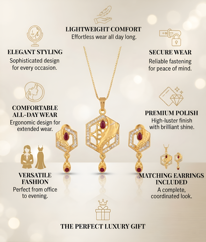 Elegant Hexagonal Design Gold Chain Pendant Set with Matching Earrings for Women