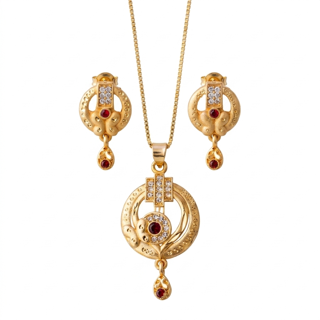 Elegant Circular Design Gold Chain Pendant Set with Matching Earrings for Women
