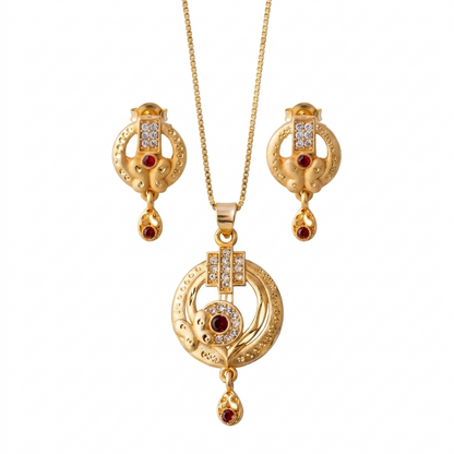 Elegant Circular Design Gold Chain Pendant Set with Matching Earrings for Women