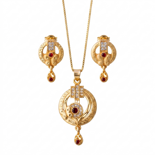 Elegant Circular Design Gold Chain Pendant Set with Matching Earrings for Women