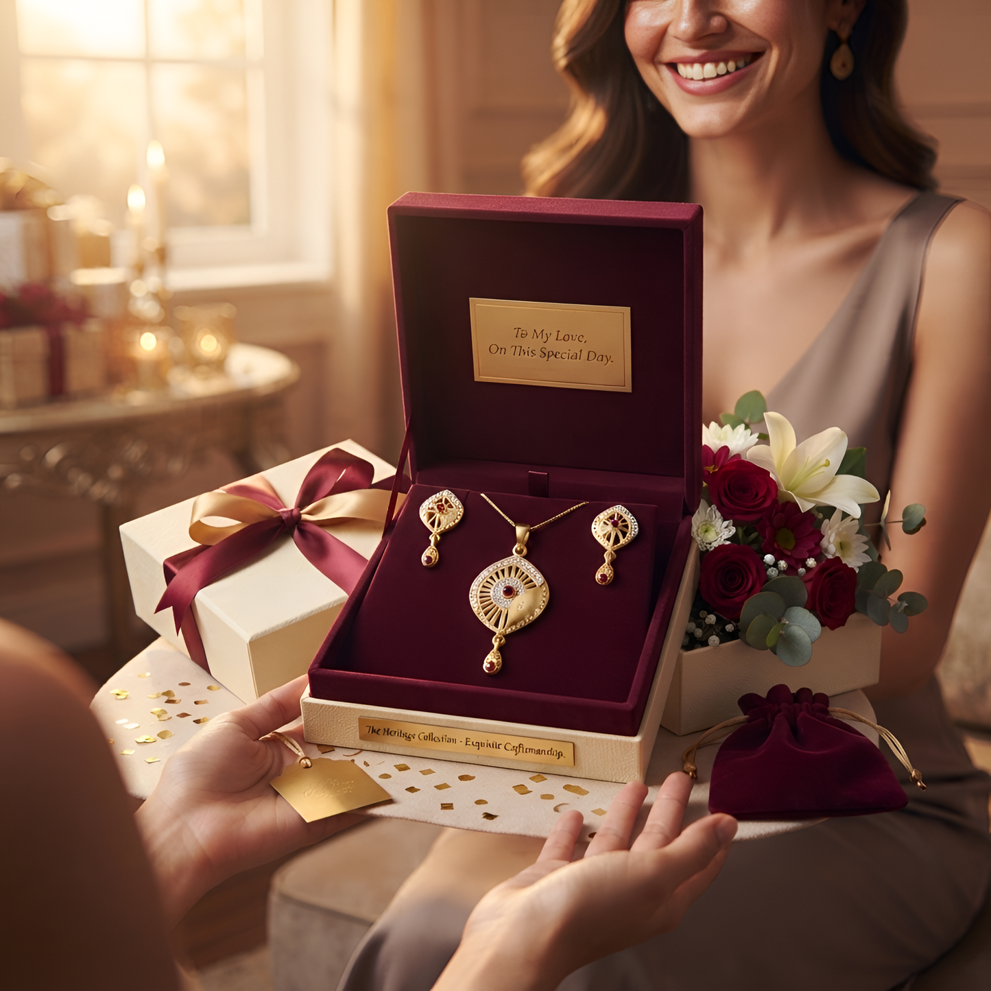Elegant Ruby Stone Gold Chain Pendant Set with Matching Earrings for Women