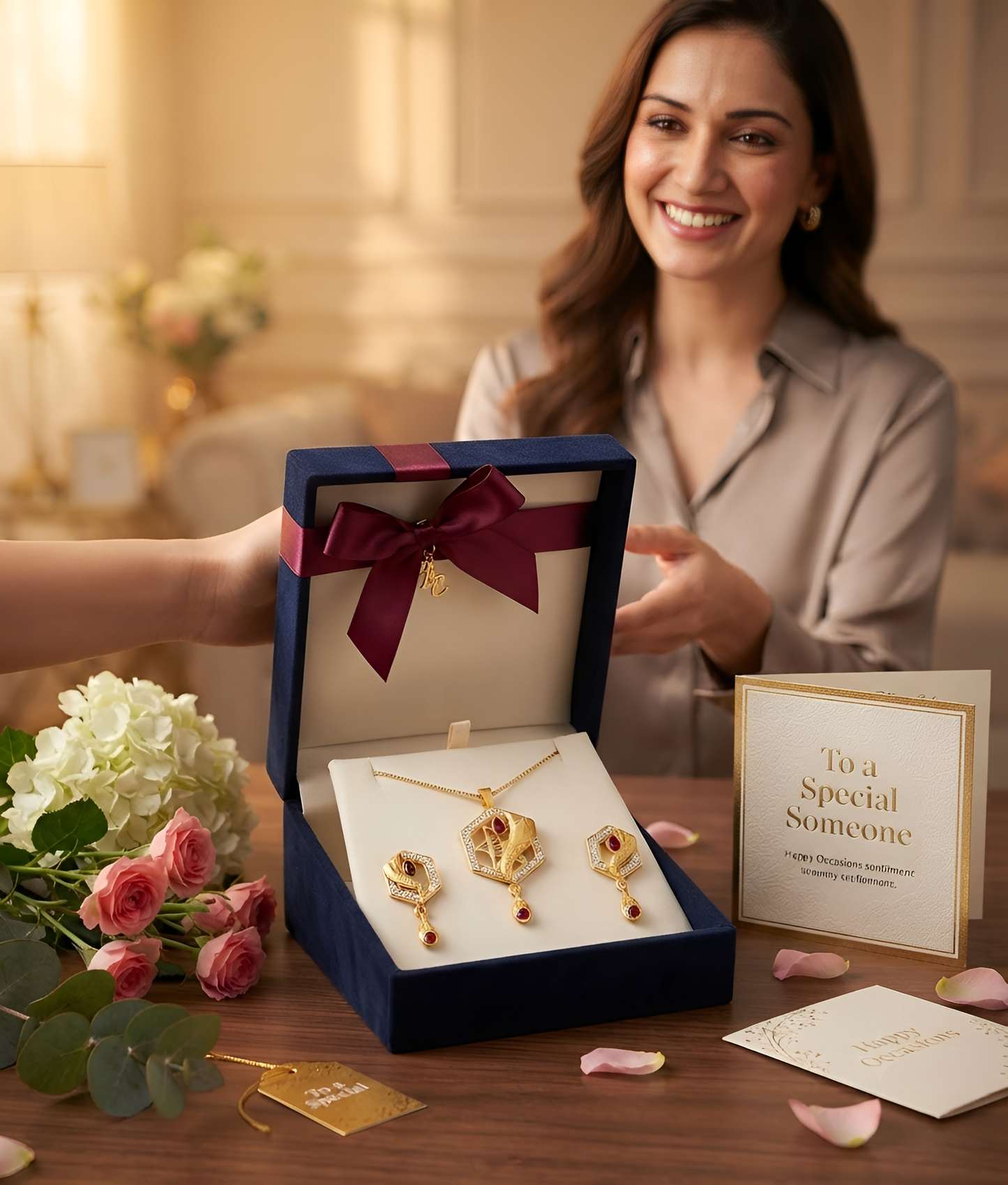 Elegant Hexagonal Design Gold Chain Pendant Set with Matching Earrings for Women
