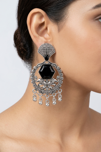 Black Stone Earrings Design for Women | Oxidised Silver Statement Earrings | Ethnic Party Wear Jewellery