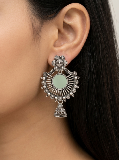 Mirror Work Floral Earrings for Women | Oxidised Silver Jhumki Statement Earrings