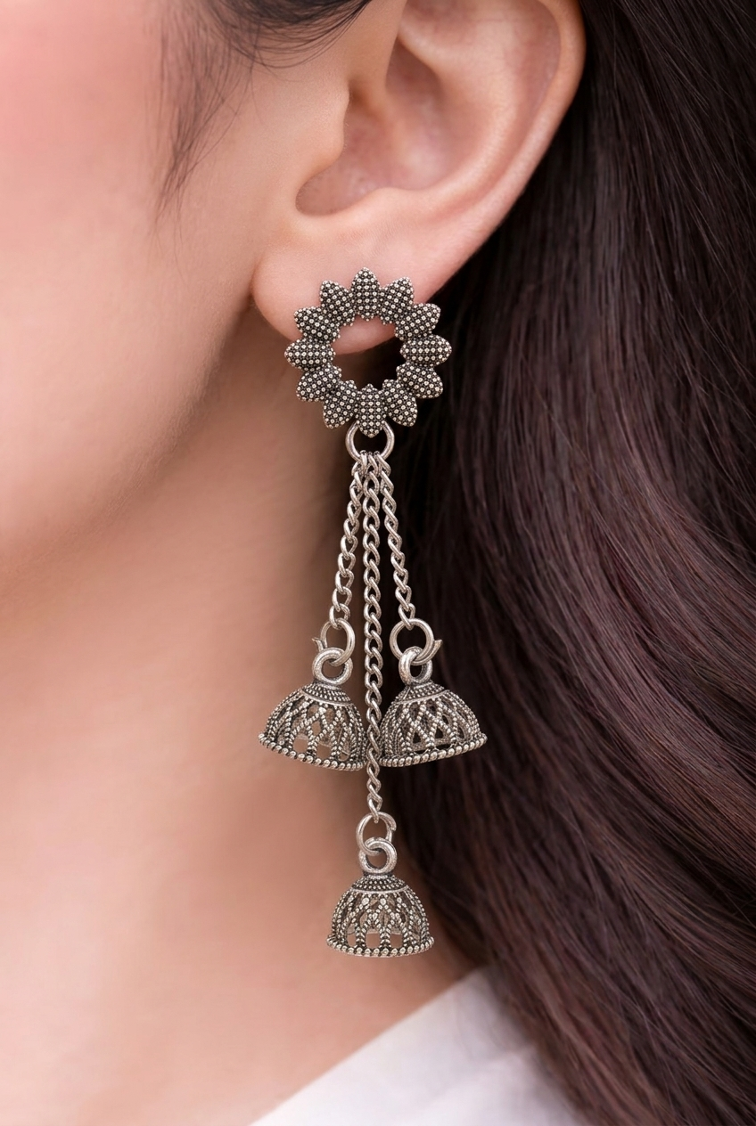 Silver Oxidised Jhumka Earrings for Women | Floral Silver Oxidised Earrings