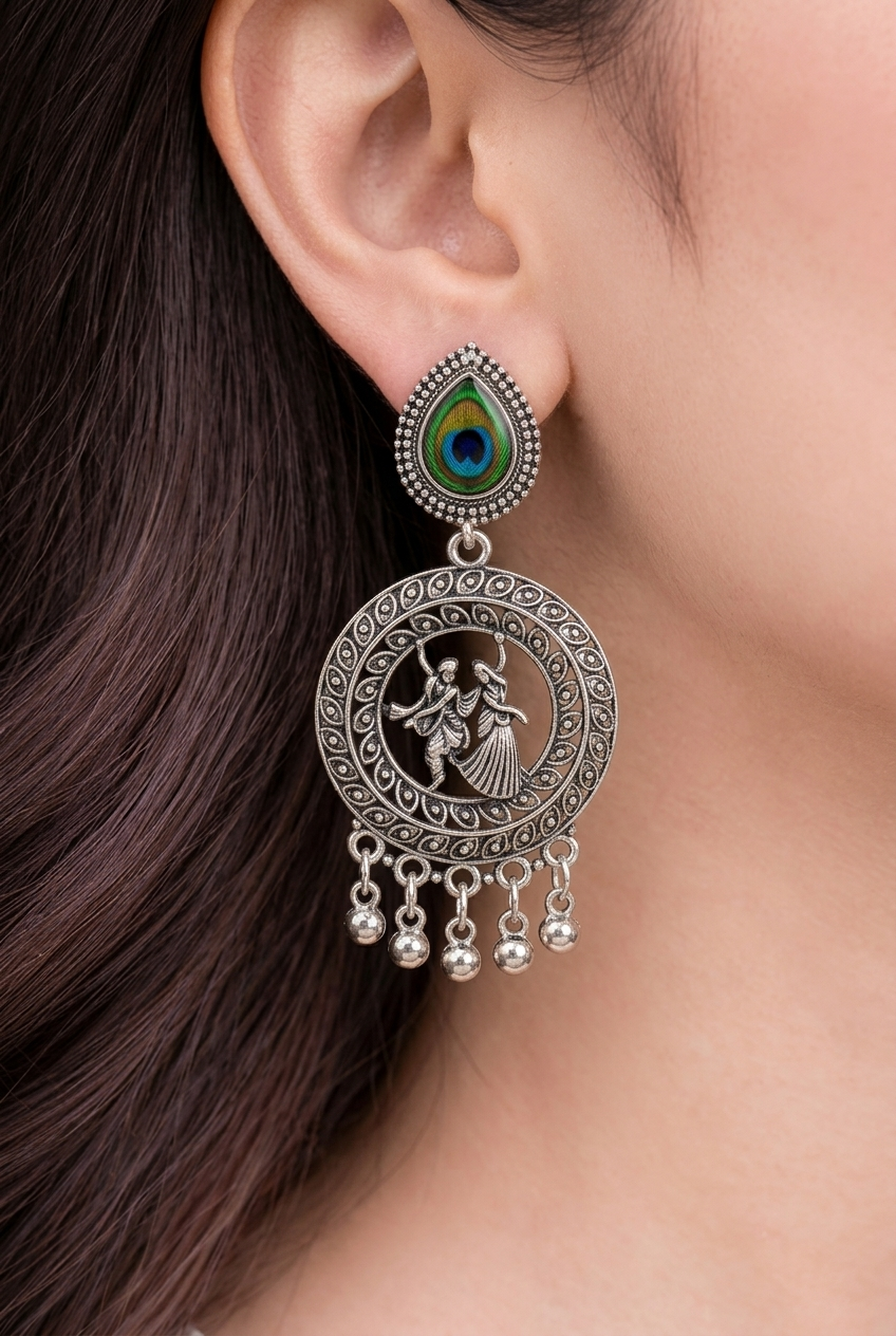Silver Oxidised Earrings with Peacock Feather & Radha Krishna Design for Women