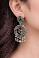 Silver Oxidised Earrings with Peacock Feather & Radha Krishna Design for Women