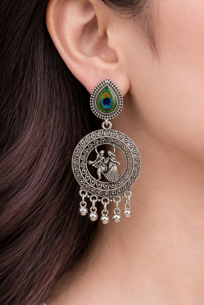Silver Oxidised Earrings with Peacock Feather & Radha Krishna Design for Women