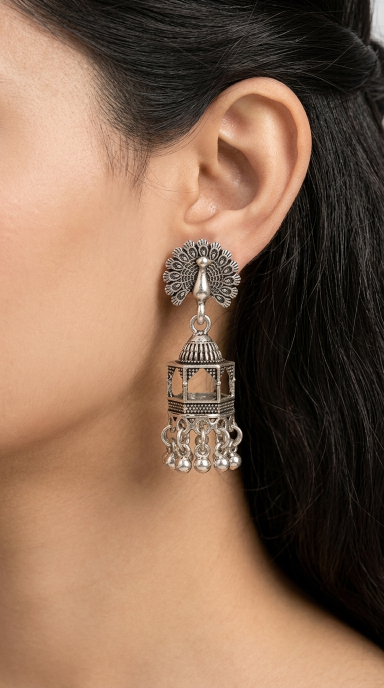 Silver Oxidised Peacock Jhumki Earrings for Women | Traditional Silver Oxidised Earrings