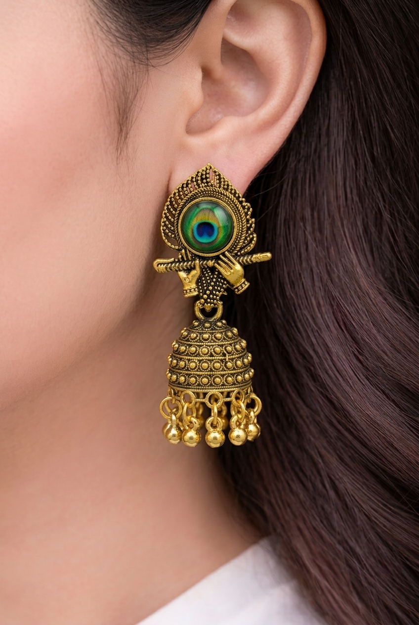 Golden Peacock Feather Jhumka Earrings – Krishna Hands with Flute & Ethnic Dome Beads