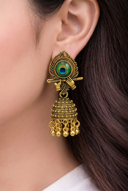 Golden Peacock Feather Jhumka Earrings – Krishna Hands with Flute & Ethnic Dome Beads