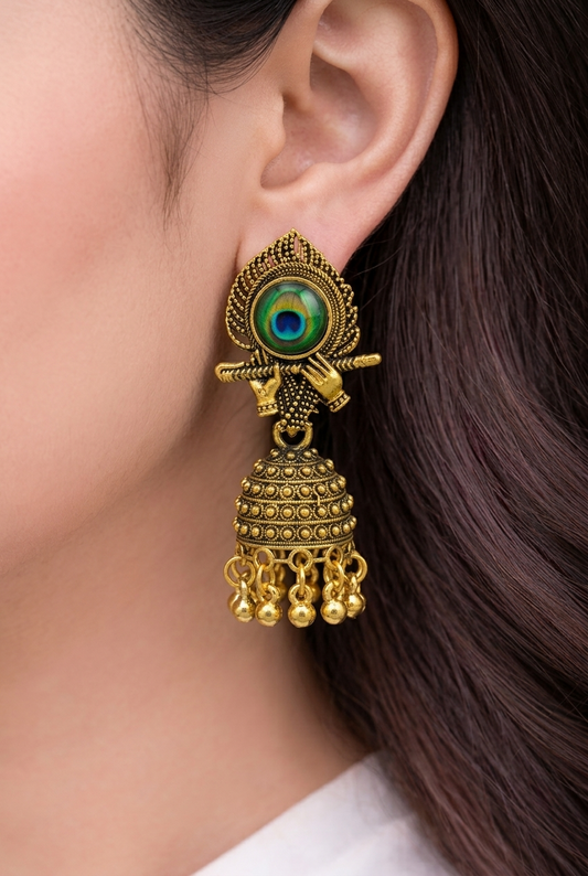Golden Peacock Feather Jhumka Earrings – Krishna Hands with Flute & Ethnic Dome Beads