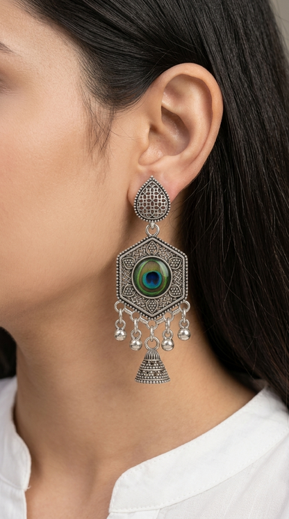 Silver Oxidised Earrings with Peacock Feather & Jhumki Design for Women