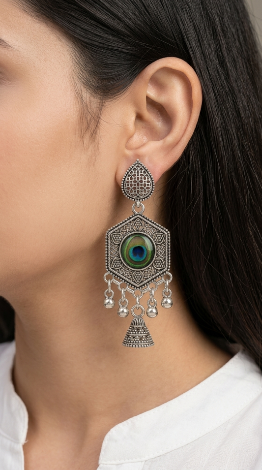Silver Oxidised Earrings with Peacock Feather & Jhumki Design for Women