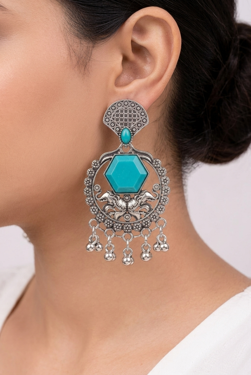 Turquoise Stone Earrings Design for Women | Oxidised Statement Stone Earrings Design