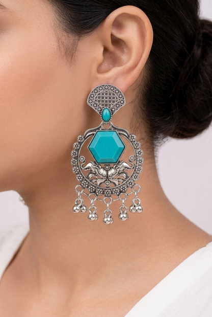 Turquoise Stone Earrings Design for Women | Oxidised Statement Stone Earrings Design