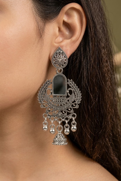 Silver Oxidised Mirror Work Earrings for Women | Traditional Silver Oxidised Earrings