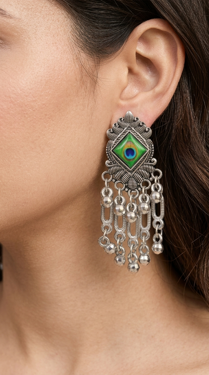 Ethnic Silver Oxidised Earrings with Chain Danglers