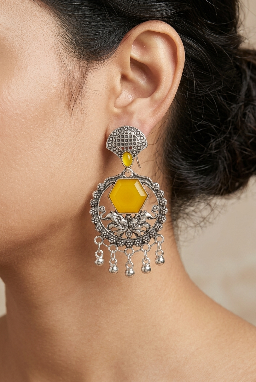 Yellow Stone Earrings Design for Women | Oxidised Statement Stone Earrings Design