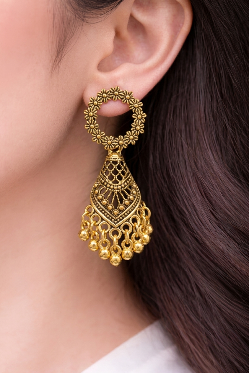 Gold Jhumka Earrings for Women | Floral Statement Jhumka Earrings