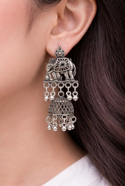 Silver Oxidised Elephant Jhumki Earrings for Women | Traditional Silver Oxidised Earrings