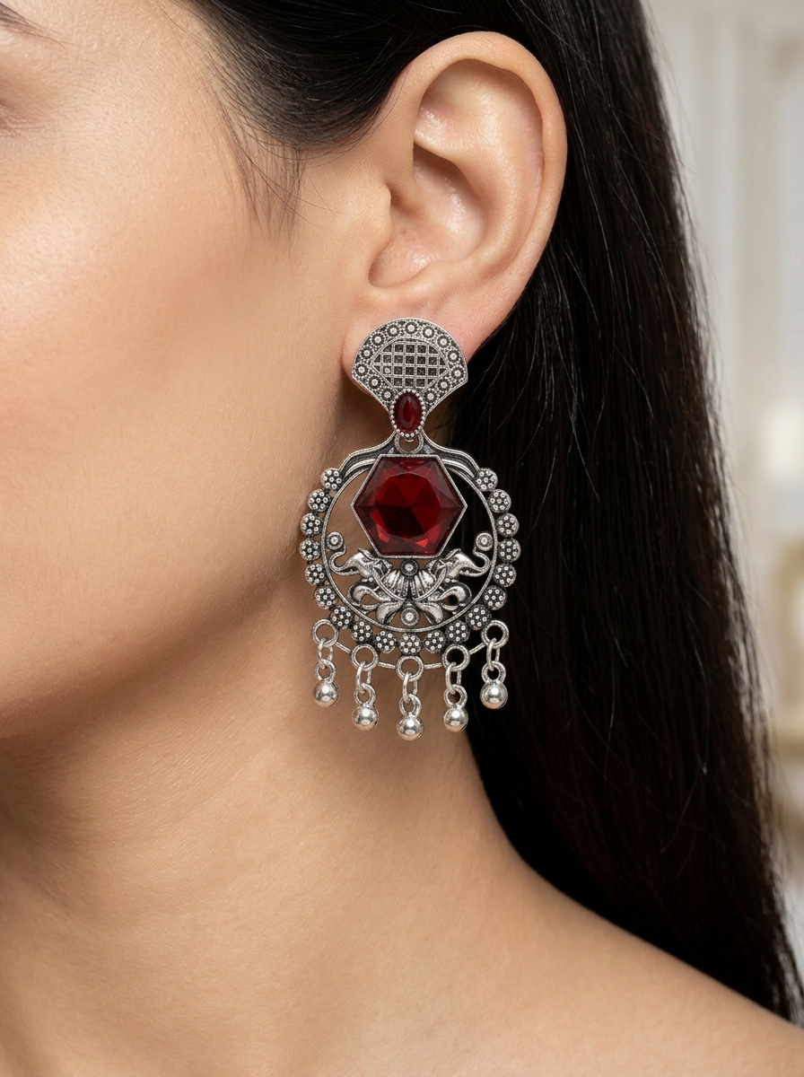 Red Stone Earrings Design for Women | Oxidised Statement Stone Earrings Design