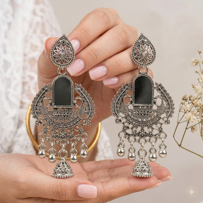 Silver Oxidised Mirror Work Earrings for Women | Traditional Silver Oxidised Earrings