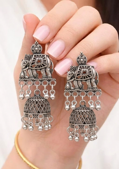 Silver Oxidised Elephant Jhumki Earrings for Women | Traditional Silver Oxidised Earrings