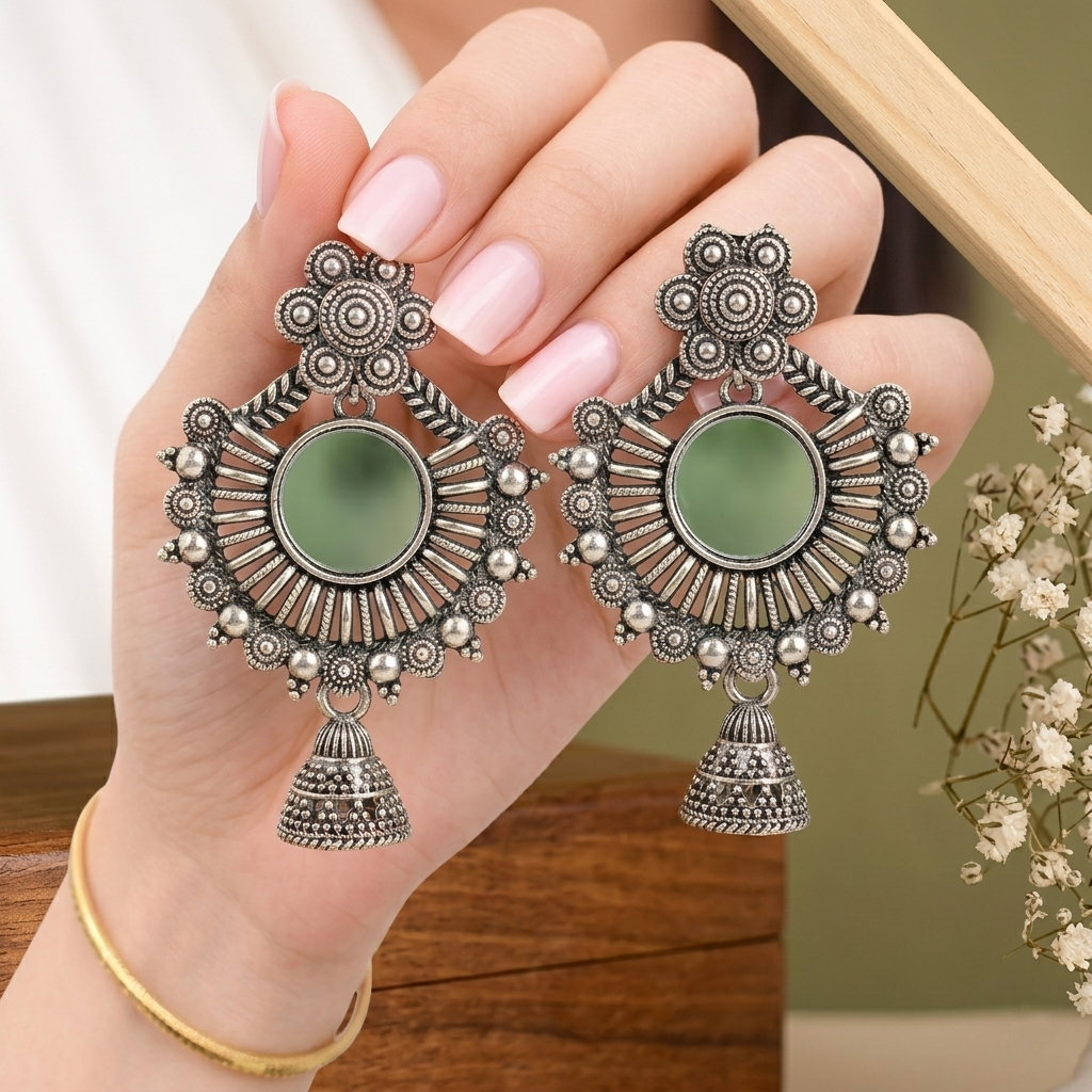 Mirror Work Floral Earrings for Women | Oxidised Silver Jhumki Statement Earrings