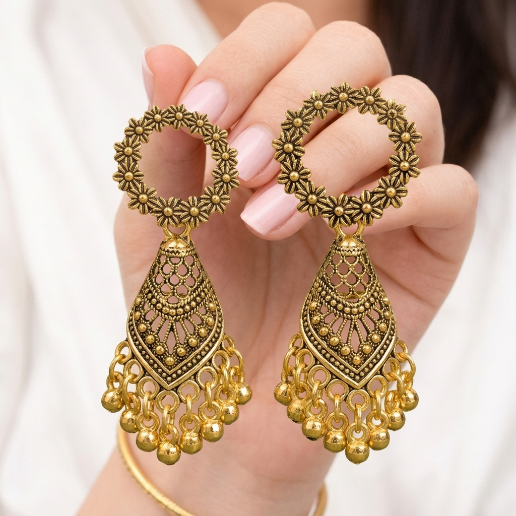 Gold Jhumka Earrings for Women | Floral Statement Jhumka Earrings