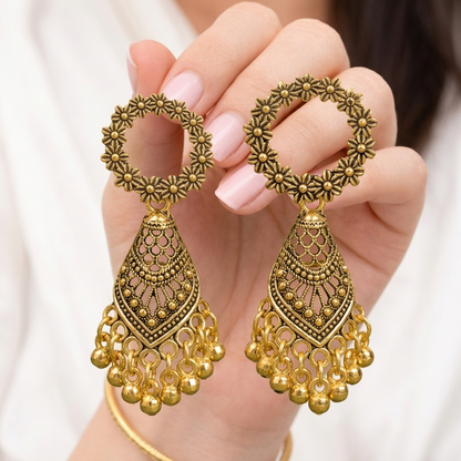 Gold Jhumka Earrings for Women | Floral Statement Jhumka Earrings