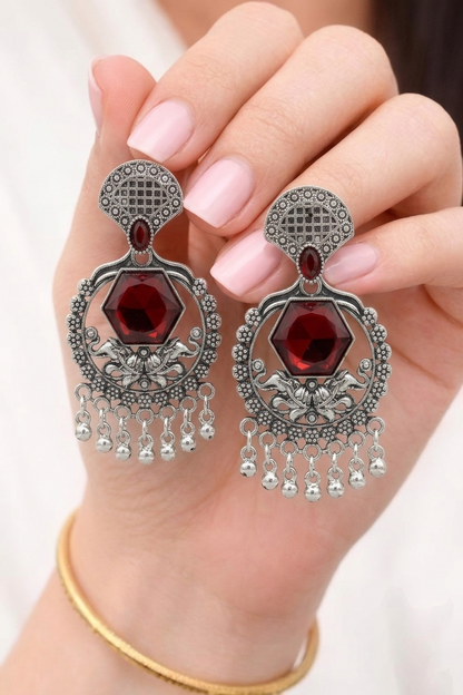 Red Stone Earrings Design for Women | Oxidised Statement Stone Earrings Design