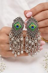 Ethnic Silver Oxidised Earrings with Chain Danglers
