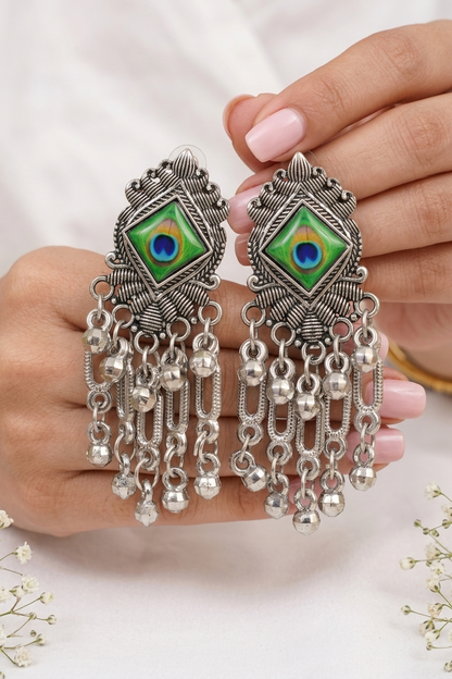 Ethnic Silver Oxidised Earrings with Chain Danglers