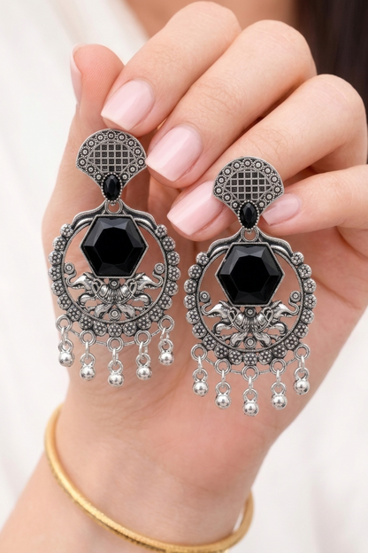 Black Stone Earrings Design for Women | Oxidised Silver Statement Earrings | Ethnic Party Wear Jewellery