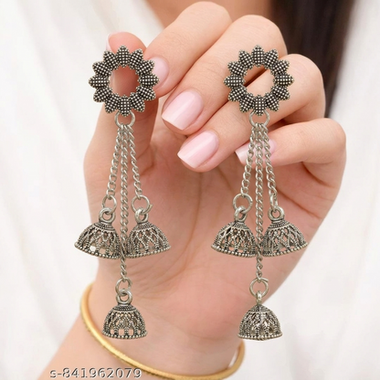 Silver Oxidised Jhumka Earrings for Women | Floral Silver Oxidised Earrings