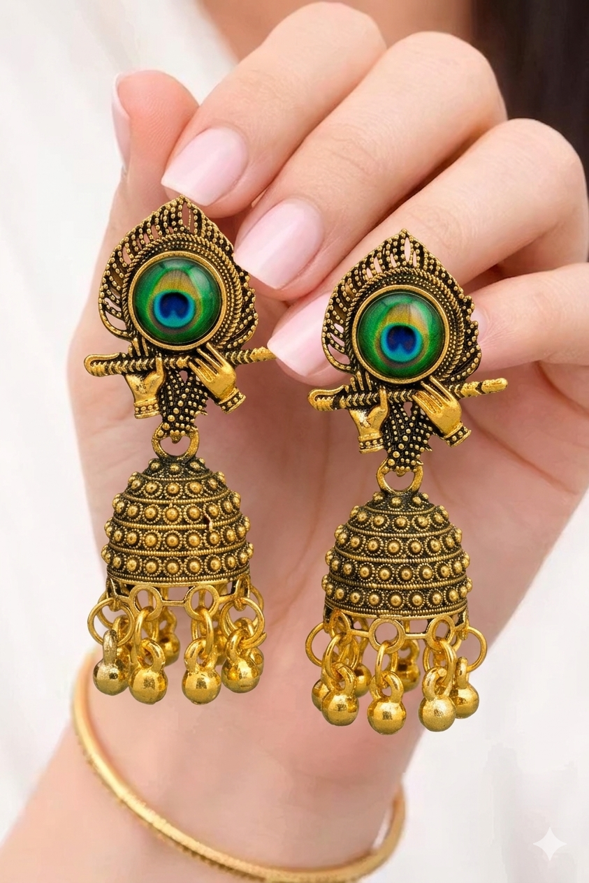 Golden Peacock Feather Jhumka Earrings – Krishna Hands with Flute & Ethnic Dome Beads