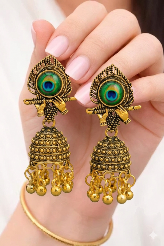 Golden Peacock Feather Jhumka Earrings – Krishna Hands with Flute & Ethnic Dome Beads