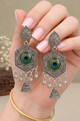 Silver Oxidised Earrings with Peacock Feather & Jhumki Design for Women