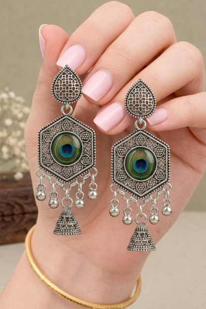 Silver Oxidised Earrings with Peacock Feather & Jhumki Design for Women